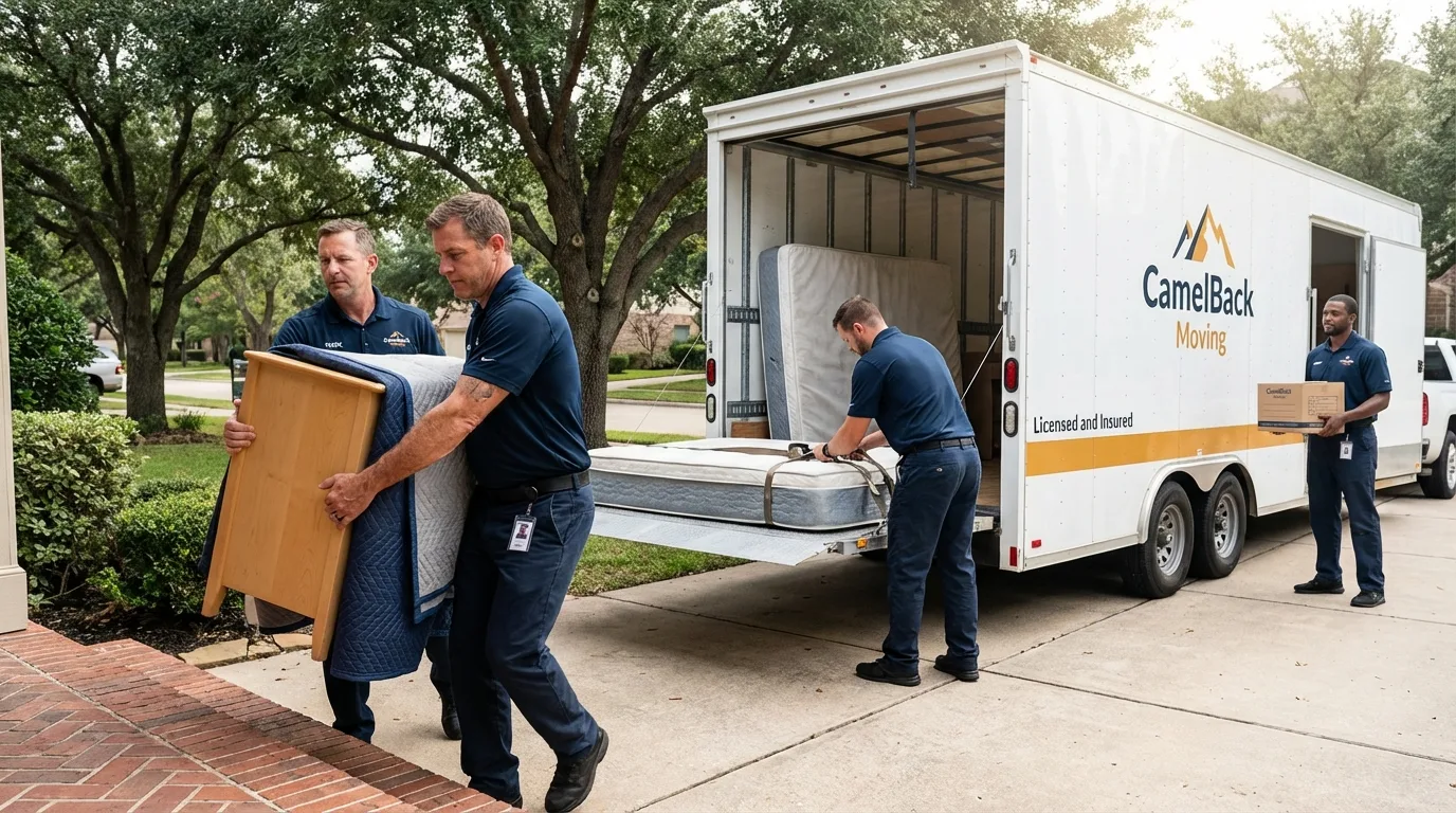 Crew loading residential truck for cross-state move from Bono, AR