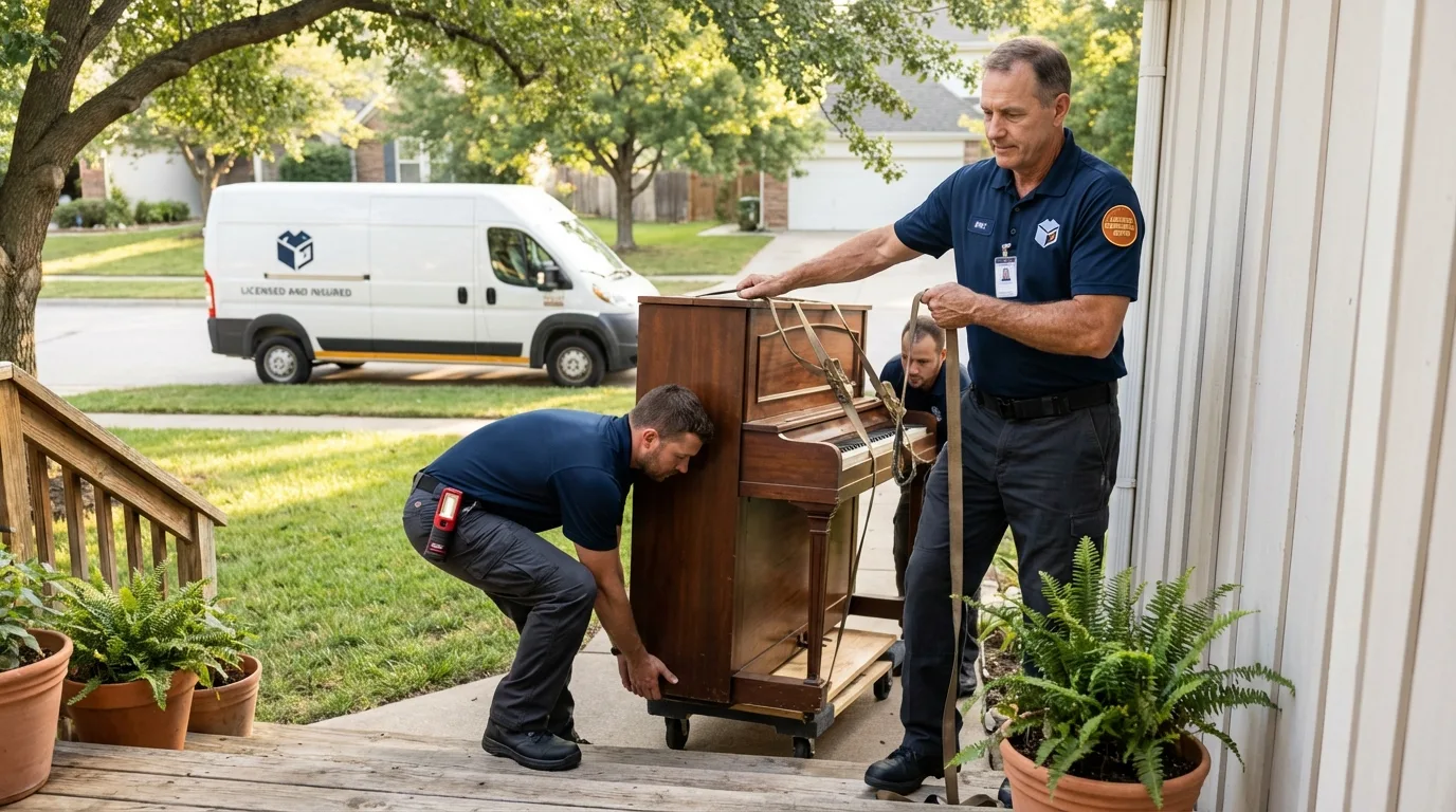 Licensed piano movers securing grand piano in Bono, AR