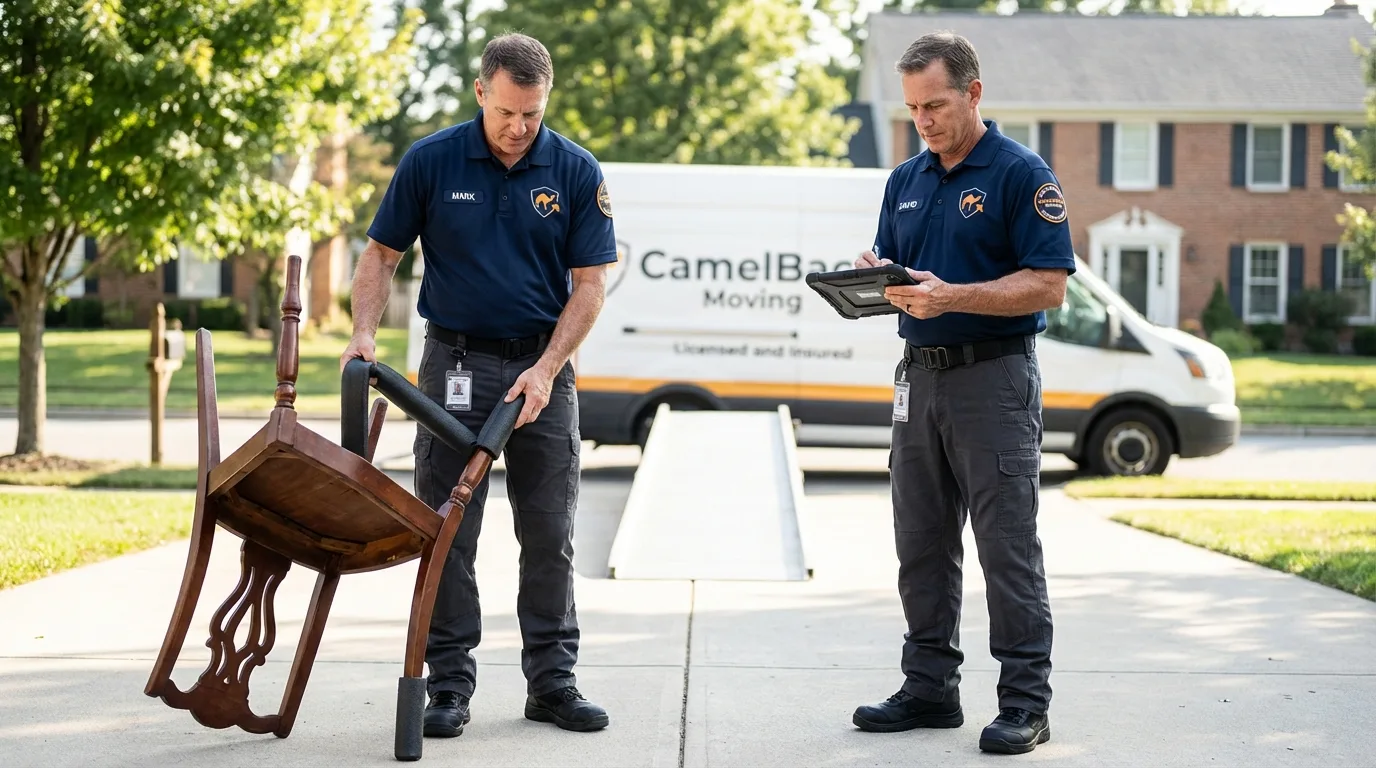 Movers inspecting furniture for damage prevention before loading in Bono, AR
