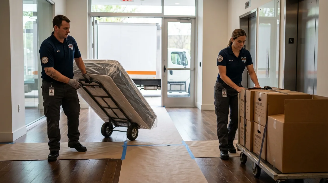 Professional apartment movers loading elevator in Bono, AR