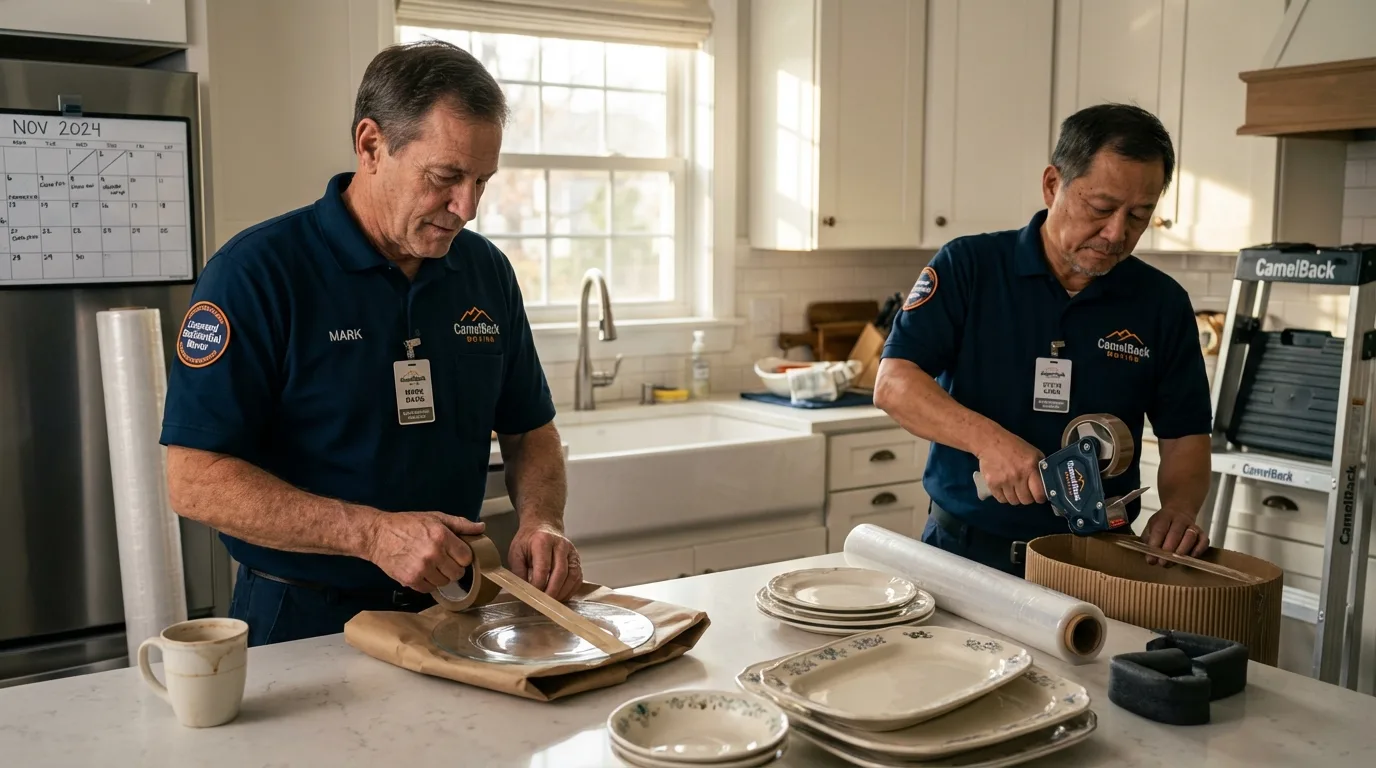 Professional crew packing kitchen dishware in Bono, AR